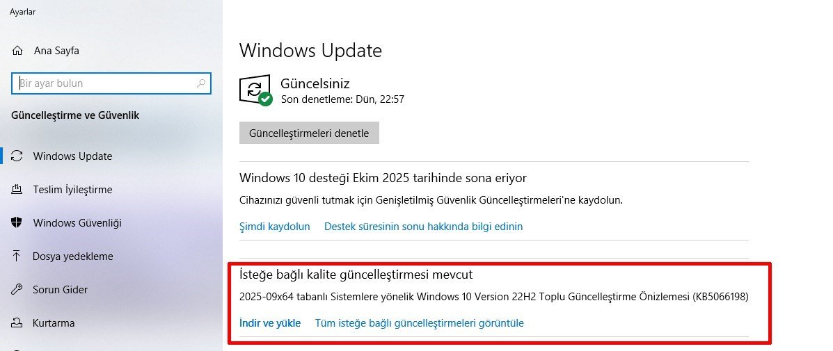 Windows 10 22H2 için son güncelleme: KB5066198 ile vuryutlar ve ESU hatırlatması