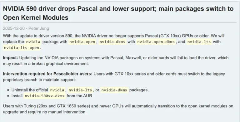 Arch Linux, Nvidia 10 Serisi için Varsayılan Desteği 590 Sürücüsüne Taşıyor: Pascal İçin Yol Haritası